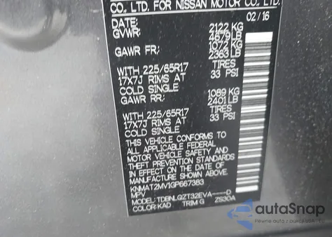 2016 Nissan Rogue Sv z USA, uszkodzony, nr VIN KNMAT2MV1GP667383